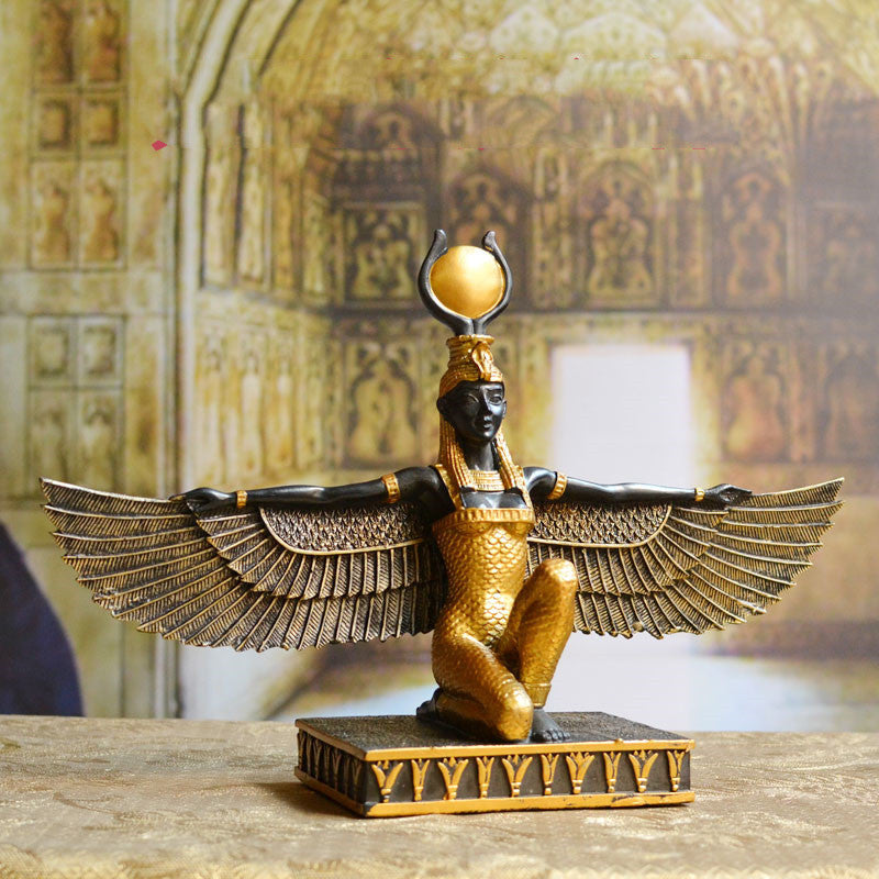 Egyptian Goddess Isis Statue - Winged Goddess Figurine with Sun Disk, Hand-Painted Ancient Egyptian Decor for Home or Office