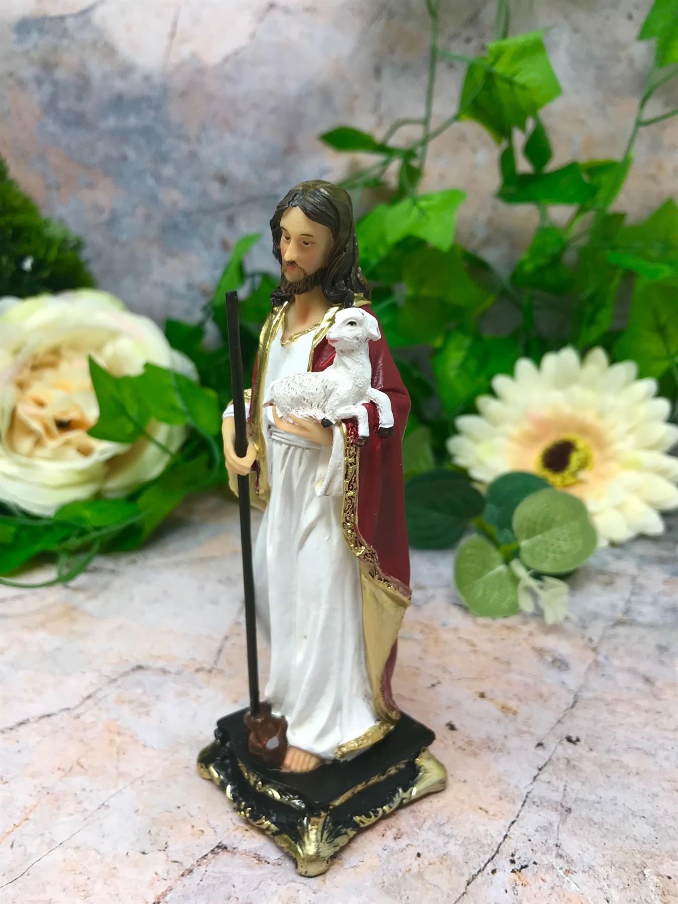 Jesus the Good Shepherd Resin Statue - Religious Home Decor Figurine - 12.5 cm