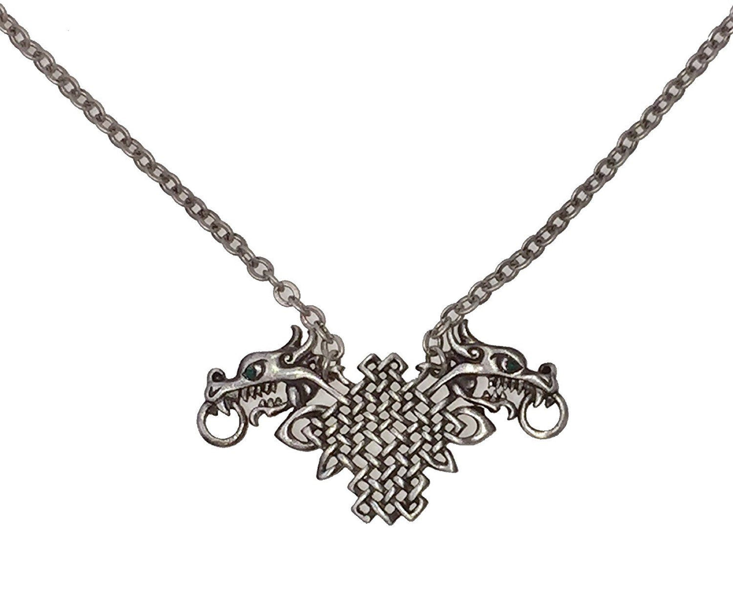 Celtic Dragon Necklace with Intricate Knotwork & Green Gemstone Eyes - 64.8 cm Chain, Mystical Celtic Jewelry