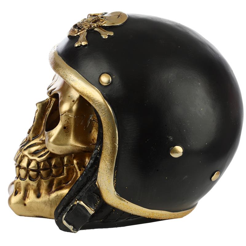 Gold Biker Skull Statue | Resin Punk Skull Ornament | Horror Decor Piece