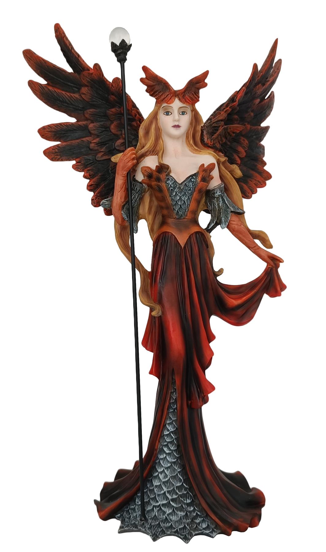 Fiery Fairy with Crystal Staff Red Winged Gothic Fantasy Figurine Collectible statue