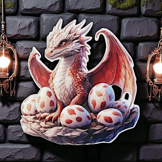Fantasy Dragon Wall Art | 3D Embossed Metal Hatchling & Eggs Plaque | Mythical Decor