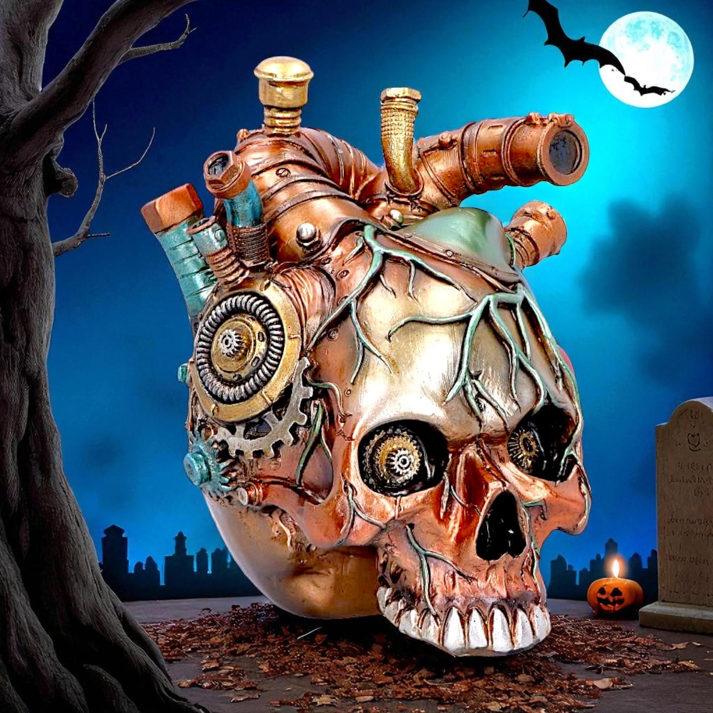 Steampunk Skull Heart Figurine Mechanical Gothic Ornament with Gears & Pipes