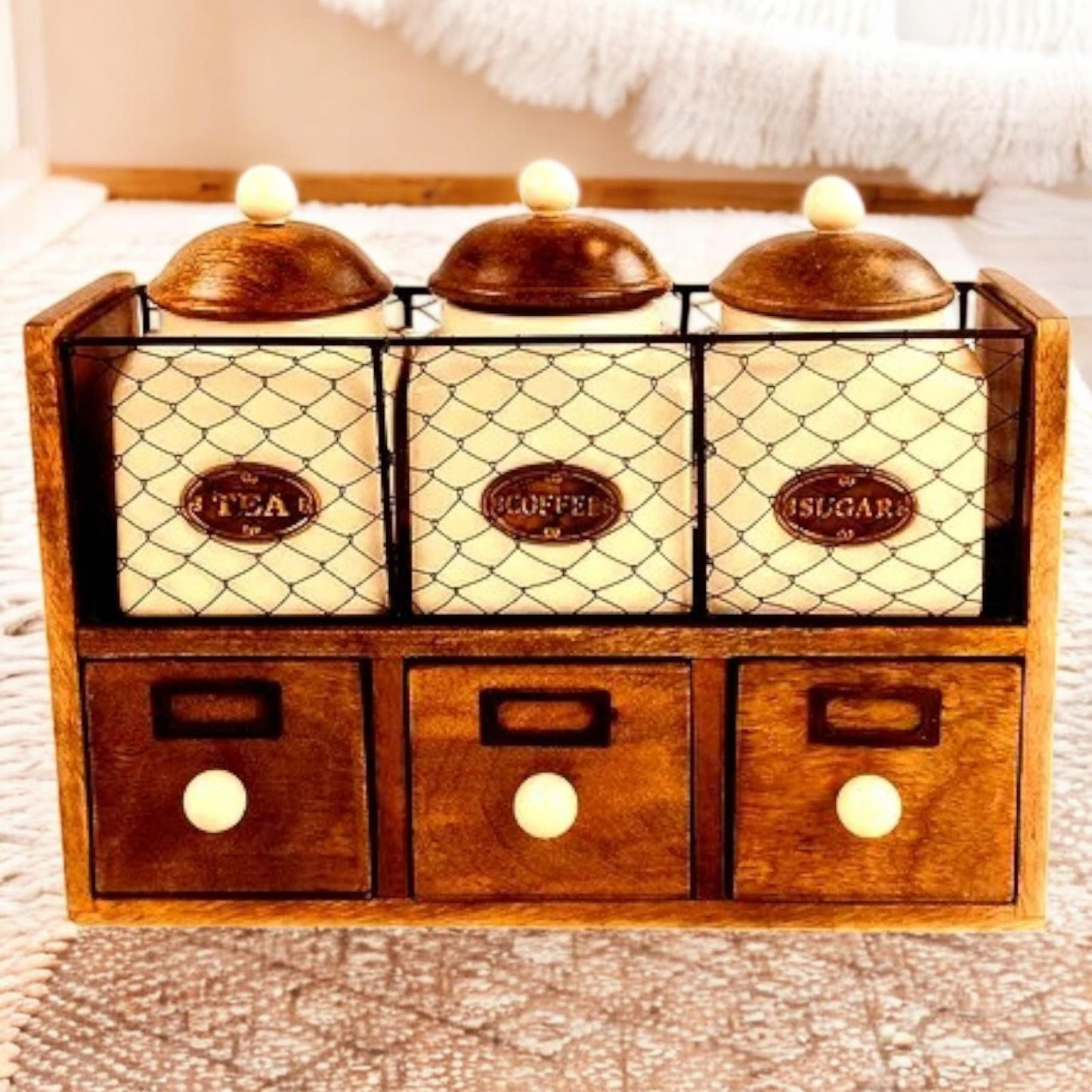 Rustic Wooden Tea Coffee Sugar Storage Rack with Ceramic Jars and Drawers - Wall Mountable