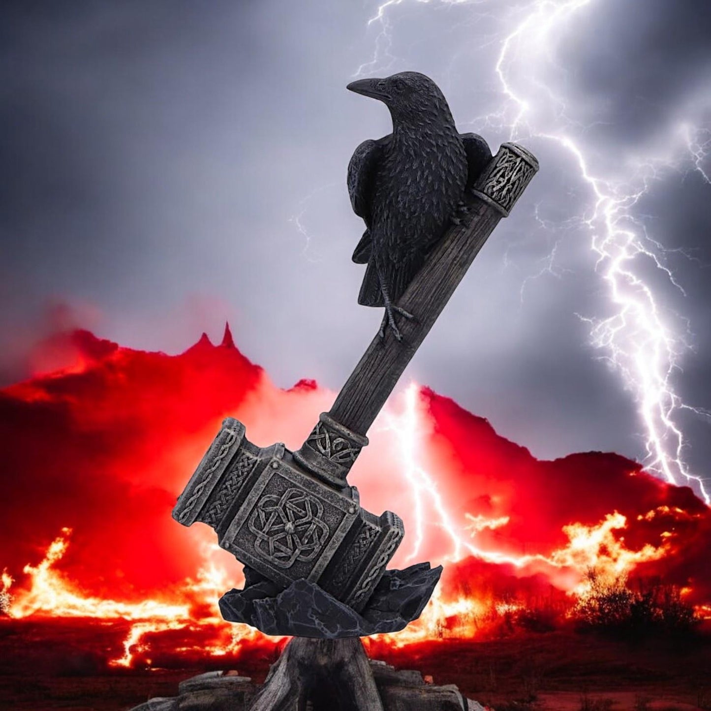 Thor's Hammer with Raven Viking Figurine Norse Mythology Valhalla Statue 23cm