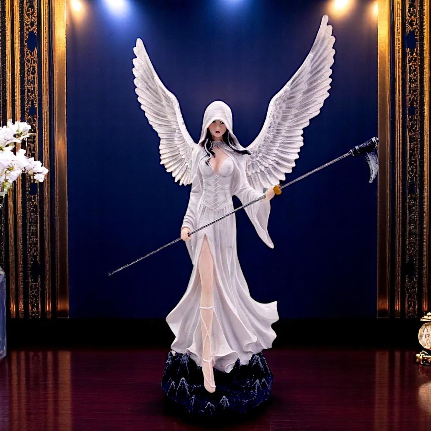 Gothic Hooded Angel Figurine + Scythe Statue Reaper Ethereal Guardian Figurine