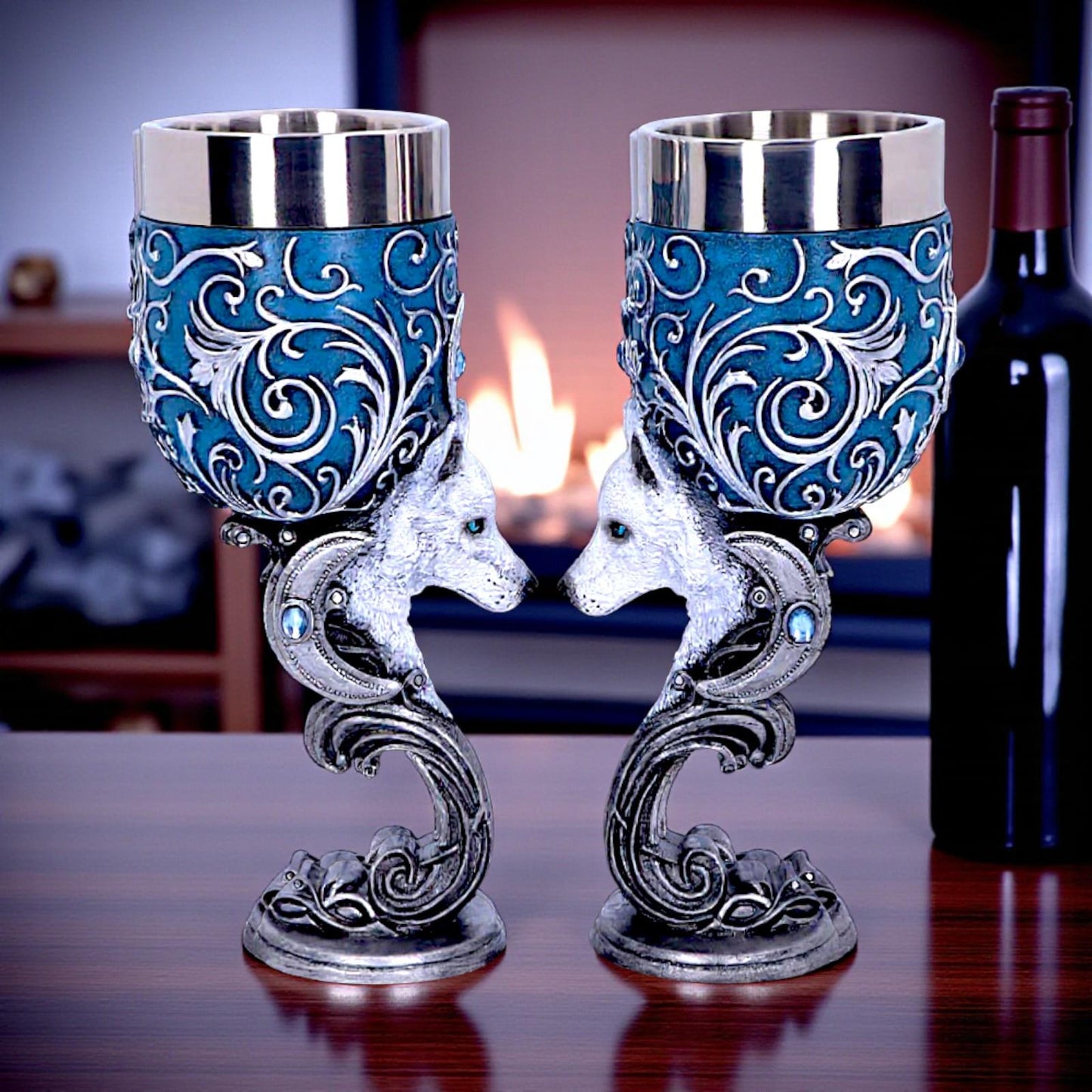 Fantasy White Wolf Enchanted Goblet Set Gothic Chalice Mystical  Drinkware Art