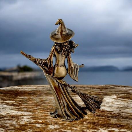 Enchanting Bronze Witch Figurine on Broomstick | Magical Resin Statue | Mystical Decor