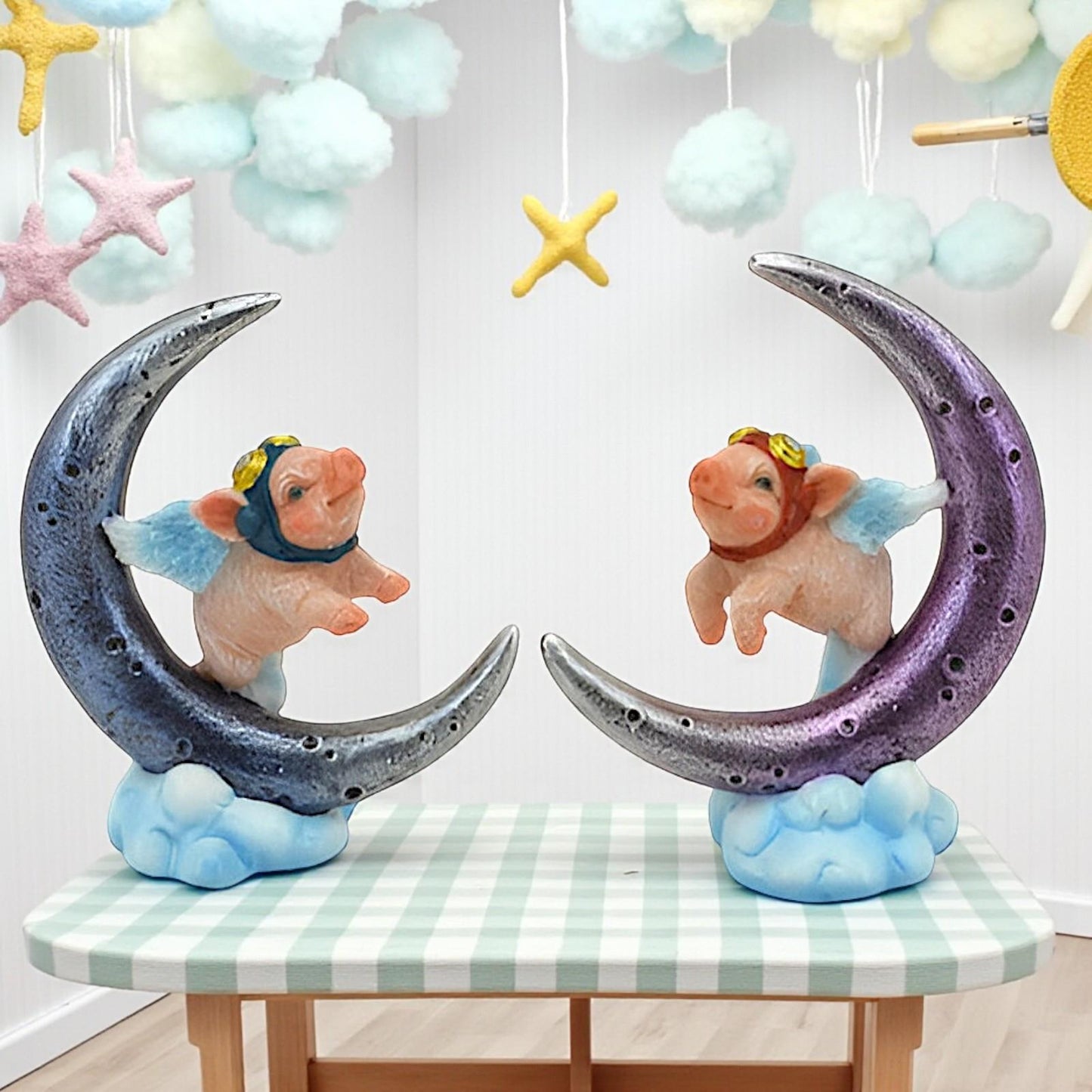 Whimsical Flying Pigs on Moon Figurine Pair Cute Fantasy Ornaments Home Deco