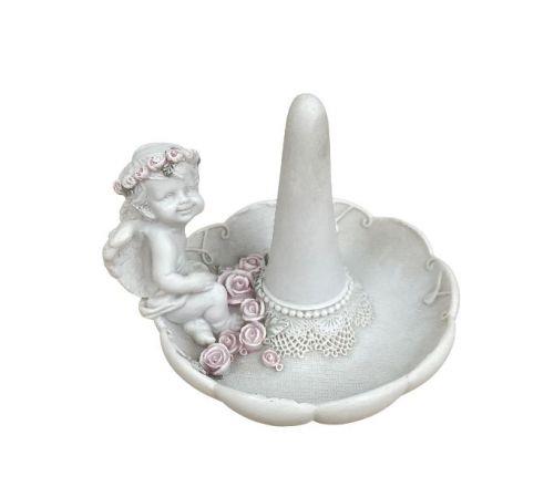 White Cherub Ring Cone Holder – Cute Angel Ring Dish with Roses – Resin Jewellery Storage Tray