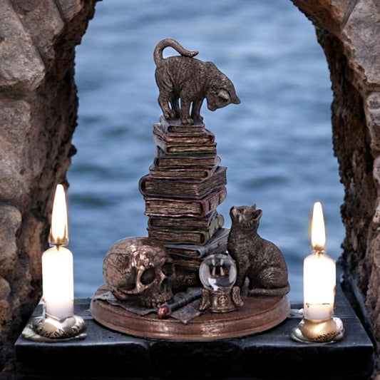 Feline Scholars Alchemy Bronze Figurine – Gothic Cats and Books Home Display