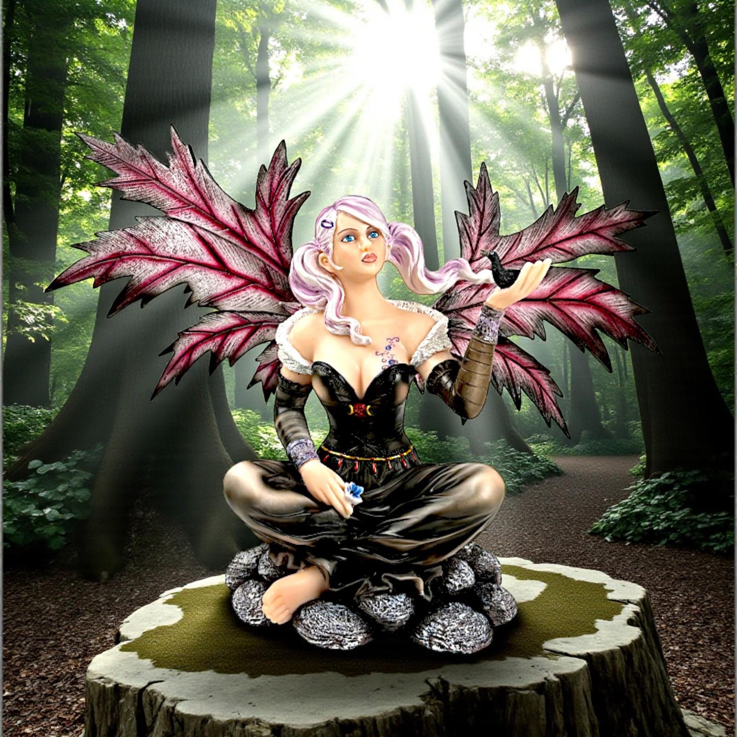 Dark Enchantress Fairy Sculpture with Blackbird Fantasy Art Figurine Mythological