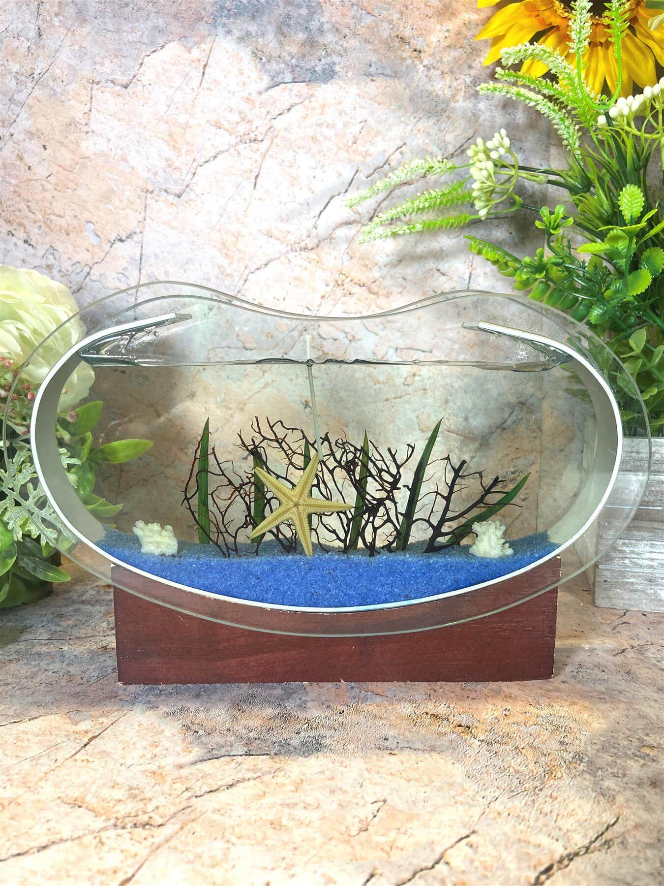 Sea Themed Starfish Gel Glass Candle on Wooden Stand - 23 cm x 16.5 cm - Nautical Home Decor, Coastal Ambiance