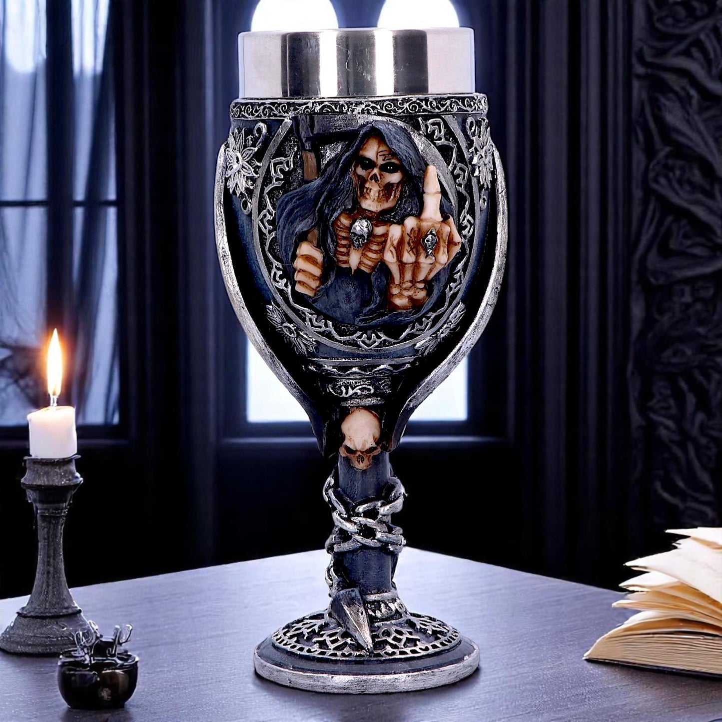 Reaper Skeleton Goblet Gothic Chalice with Stainless Steel Insert Skull Horror