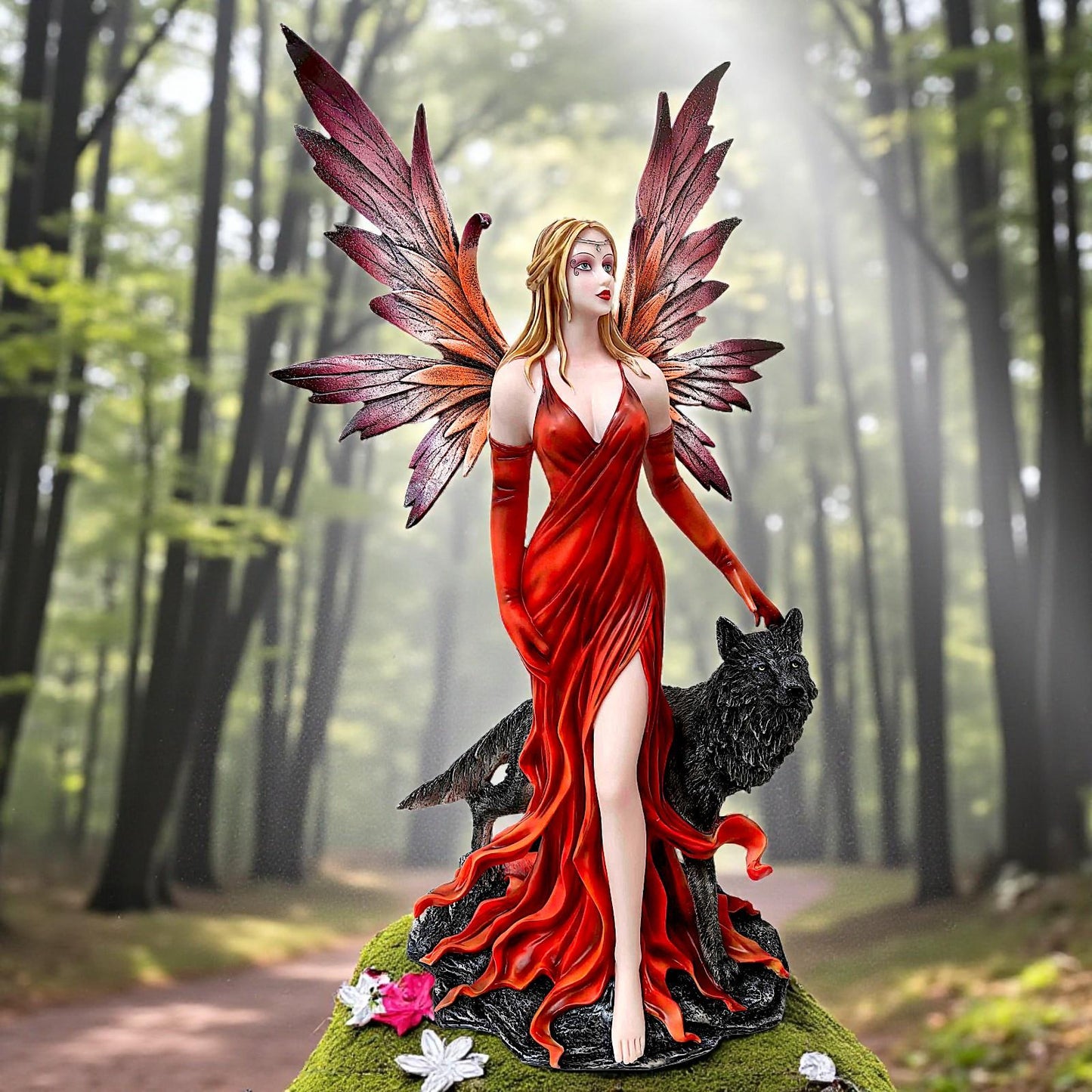 Fantasy Gothic Fairy with Wolf Figurine Wiccan Statue Mythical Collectible Sculpture