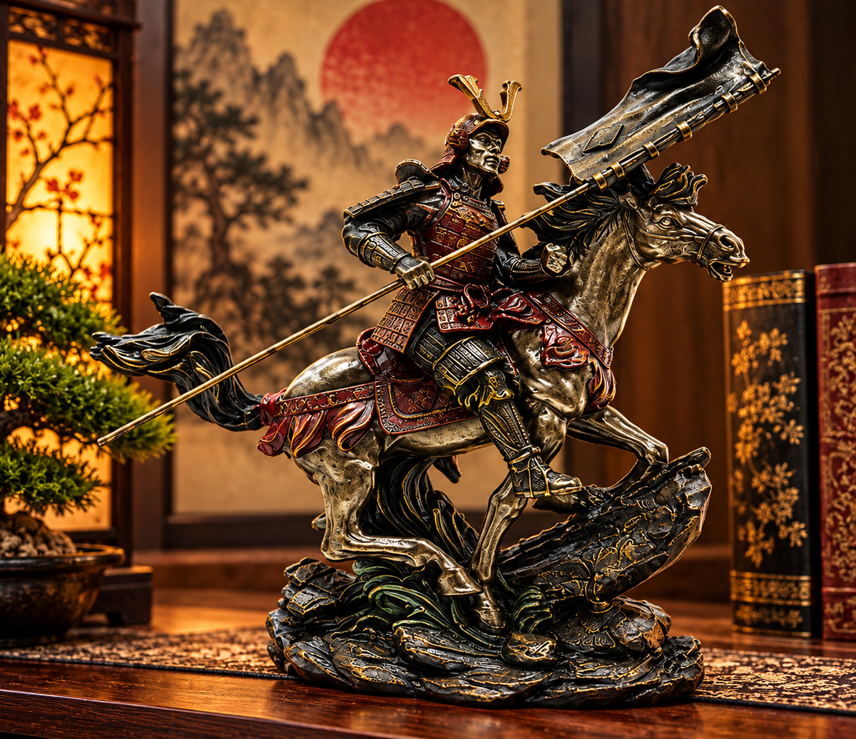 Japanese Samurai Horse Rider Figurine Oriental Bronze Effect Statue Ornament