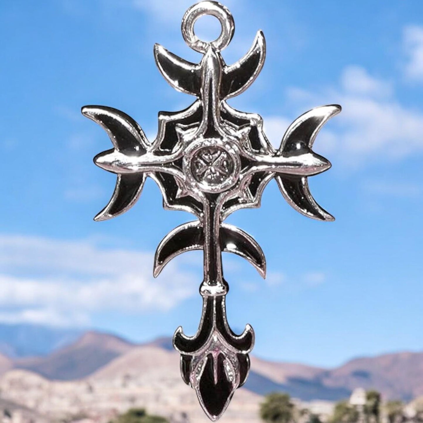 Gothic Moon Cross Pendant - Arcane Symbol of King Zagan, Wit and Wisdom Talisman, Pewter Necklace with Gift Box