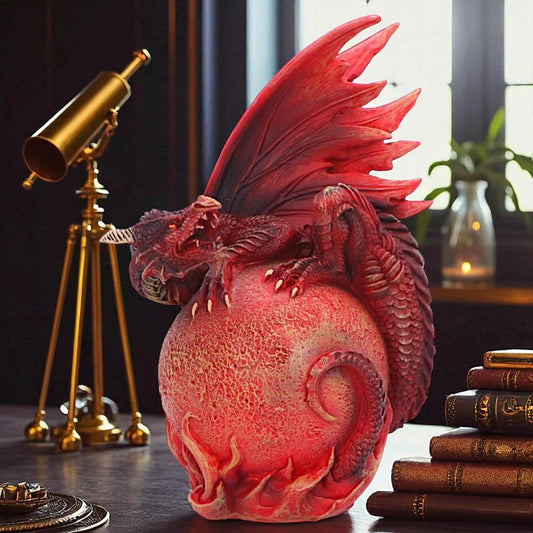 Gothic Fiery Crimson Mars Dragon Fantasy Statue Martian globe Mythical Decor