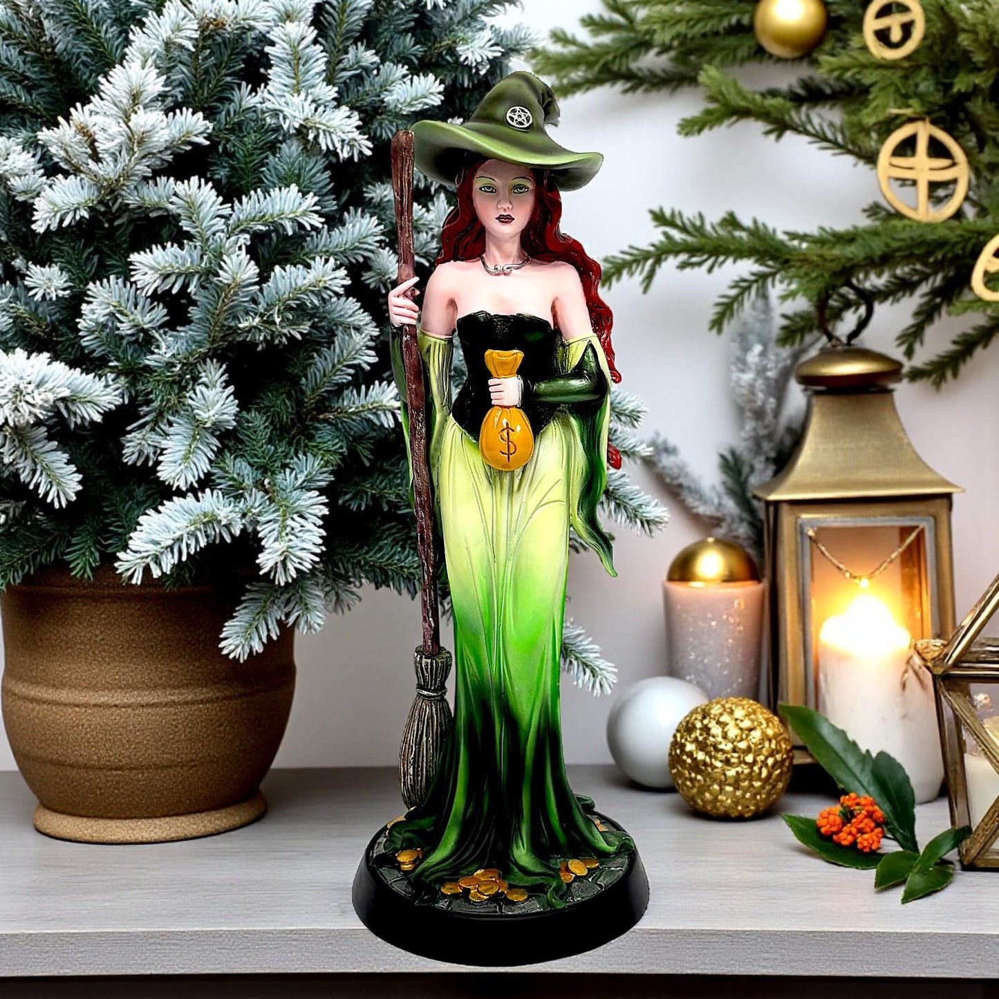 Prosperity Fantasy Witch Figurine with Broom and Gold Bag Gothic Wiccan Statue