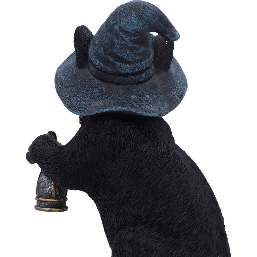 Fantasy Witch Cat Figurine Gothic Cat Familiar Lantern & Skull Necklace Statue