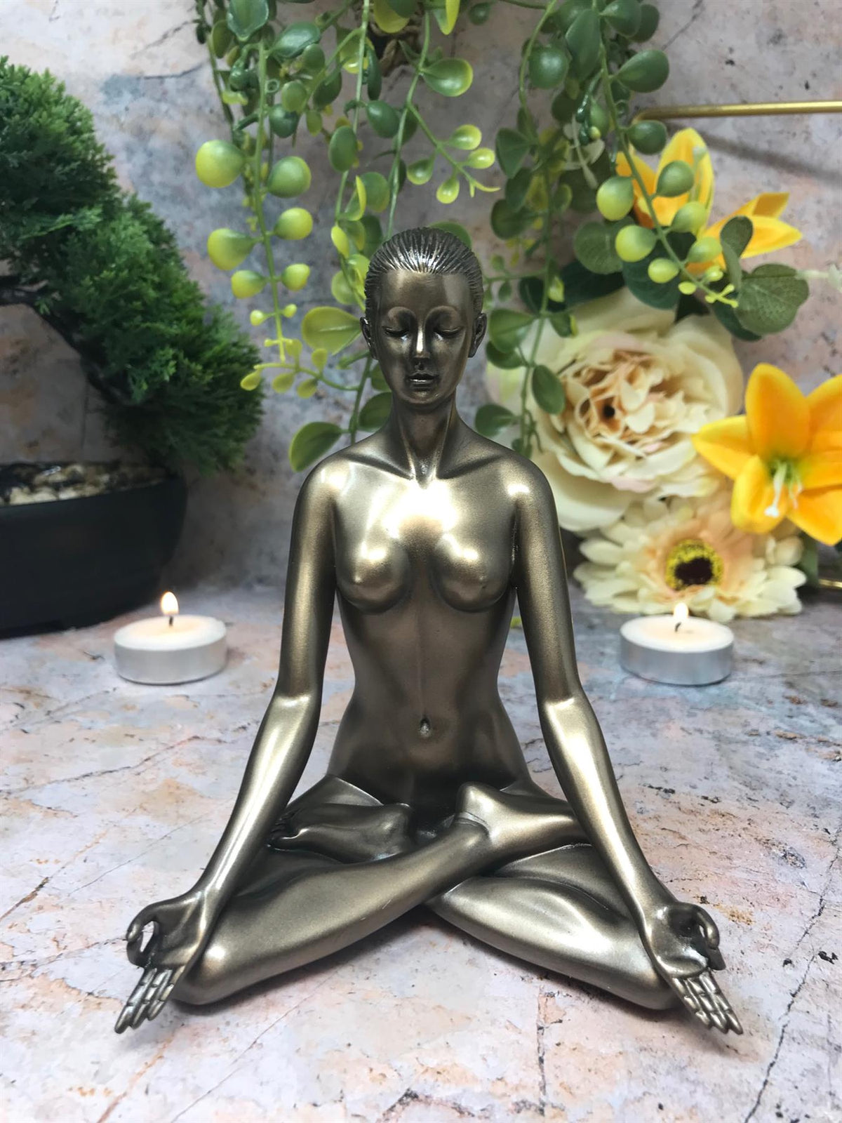 Bronze Finish Yoga Woman Statue - 12cm Meditation Figurine - Parastone Resin Sculpture