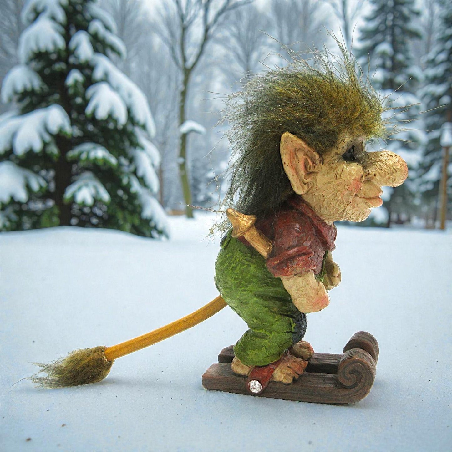 Nordic Skiing Troll Figurine Whimsical Ornament Mythical Folklore Collectable
