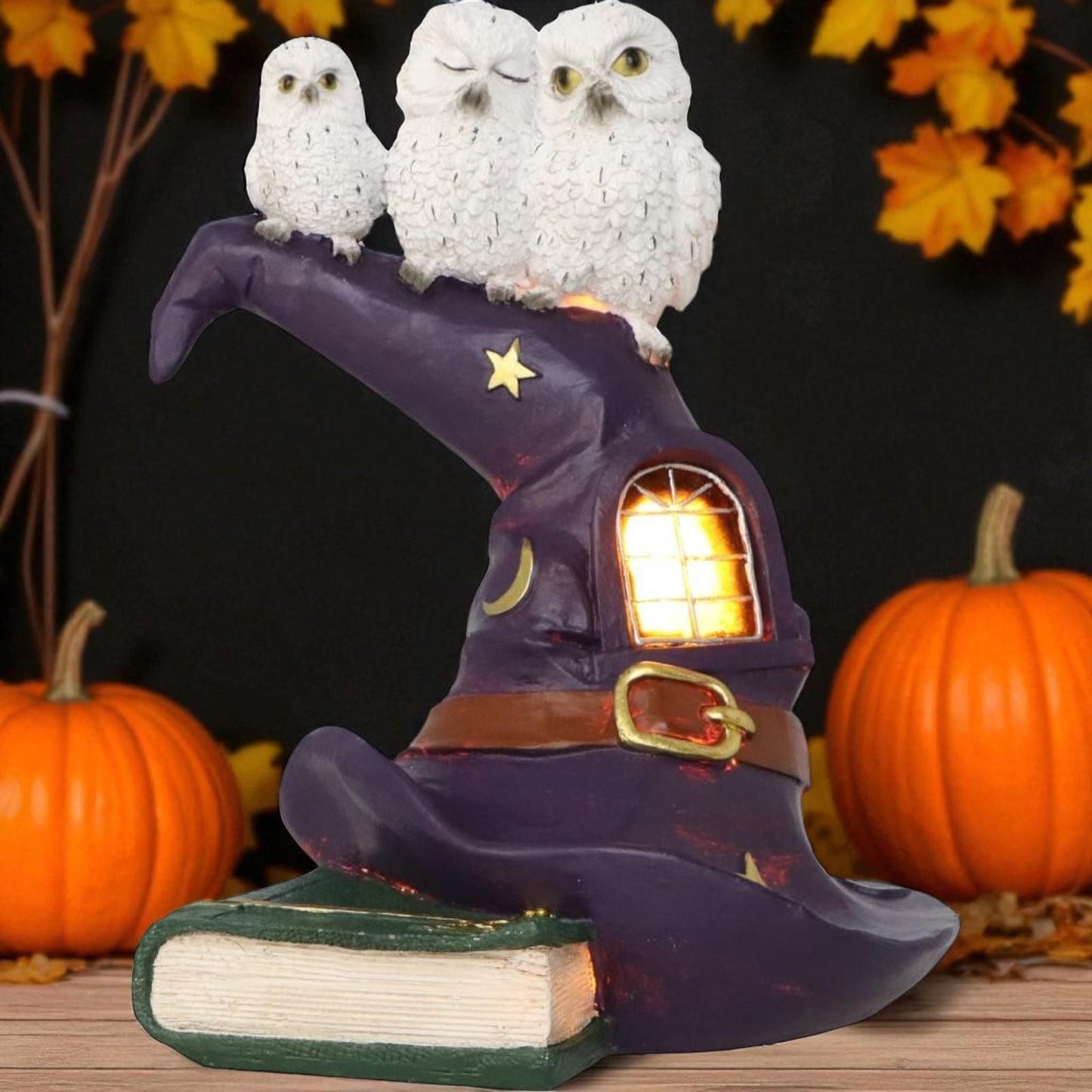 Magical Owl Witch Hat LED Ornament Wiccan Altar Figurine Spooky Halloween