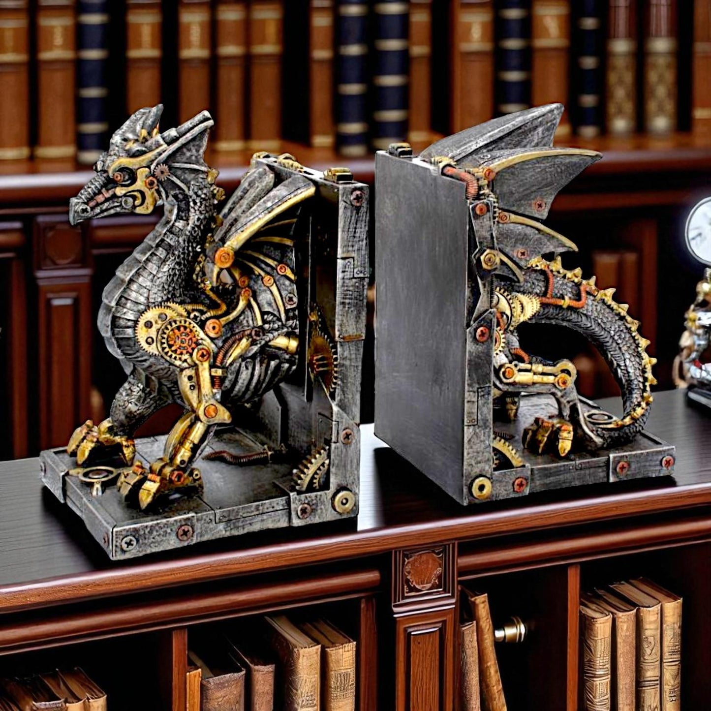 Gothic Steampunk Dragon Bookends Fantasy Figurines Mythical Creatures Decor