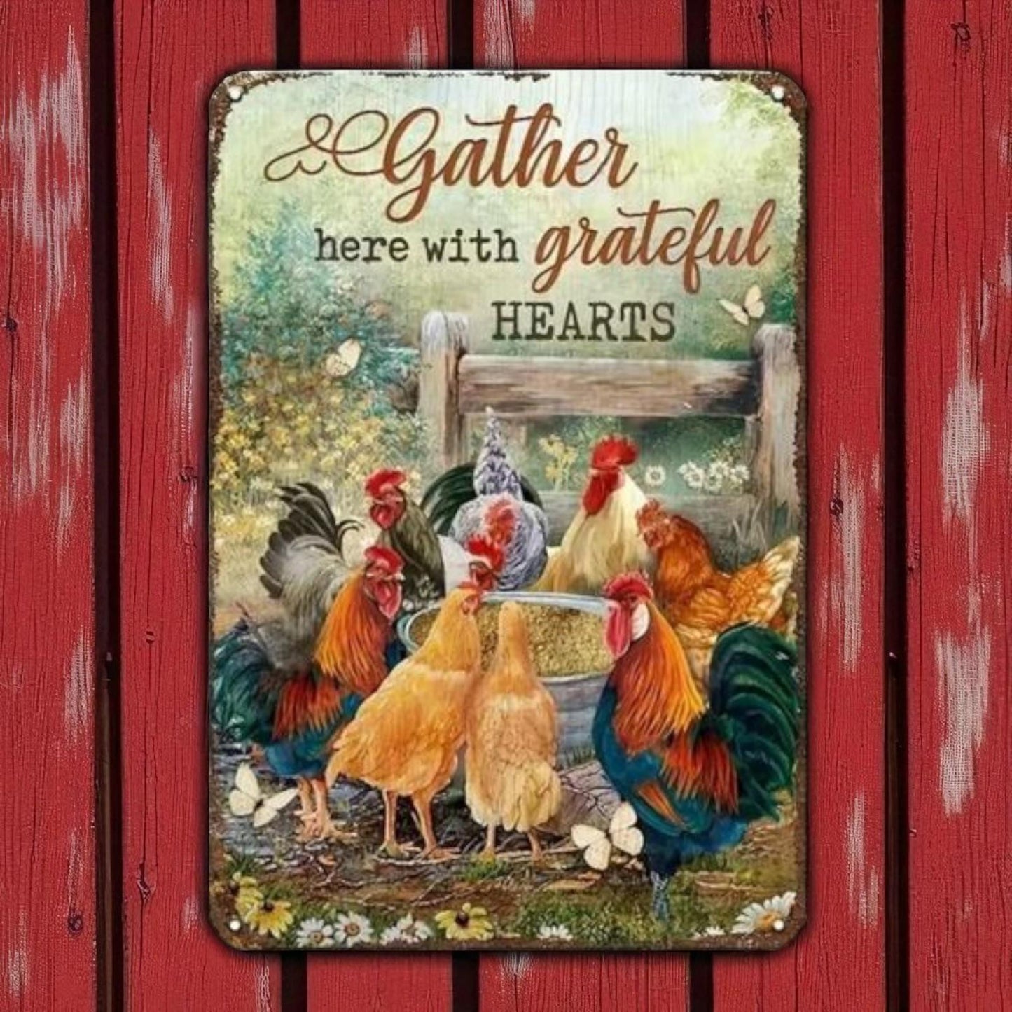 Farmhouse Rooster Chicken Metal Wall Sign Rustic Plaque Grateful Hearts 30x20cm