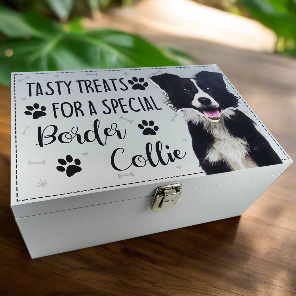 Wooden Treat Box for Border Collie – Pet Gift, Dog Lover’s Box for Treats