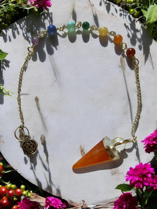 Carnelian Chakra Pendulum Bracelet w/ Celtic Knot Charm | Healing Crystal Energy Tool, 29cm