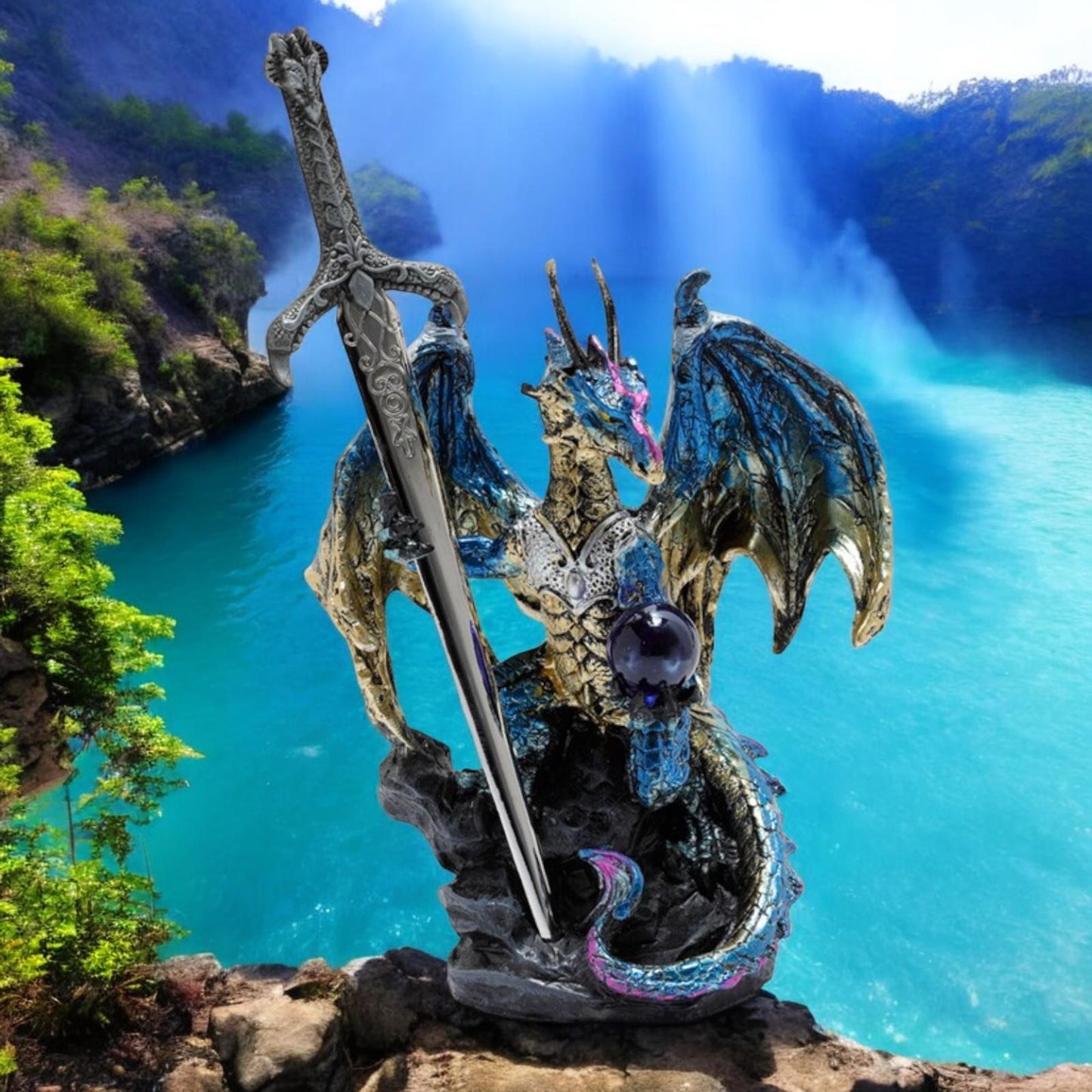 Mystical Dragon Figurine with Sword - Fantasy Letter Opener Collectible Statue