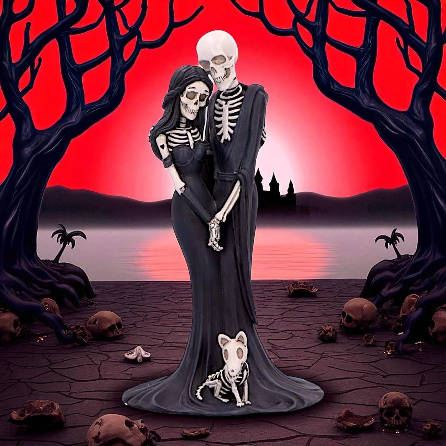 Gothic Skeleton Embrace Figurine Couple & Dog Everlasting Macabre Fantasy Art