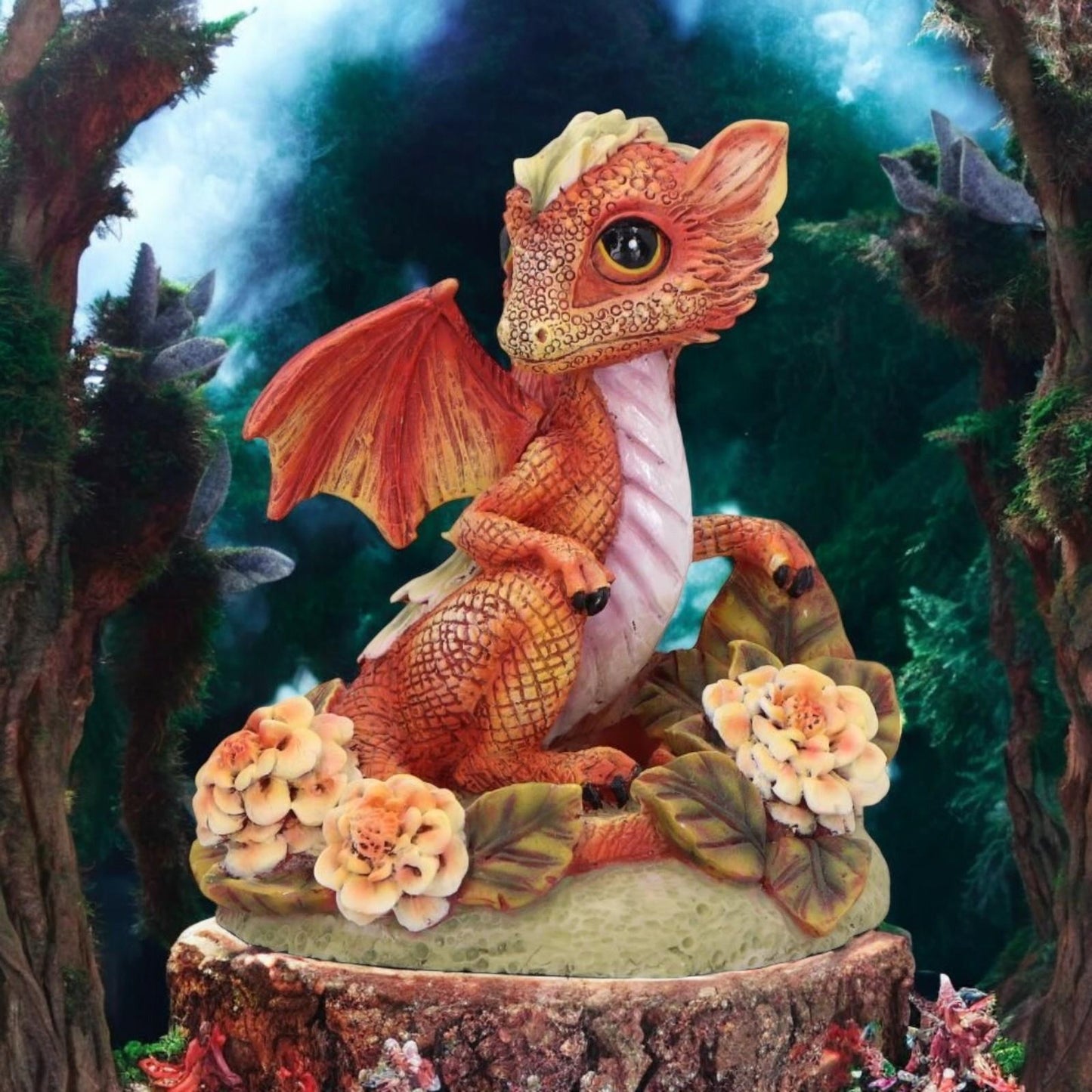 Baby Dragon Fantasy Statue Orange Mythical Creature Figurine Floral Resin Collectible