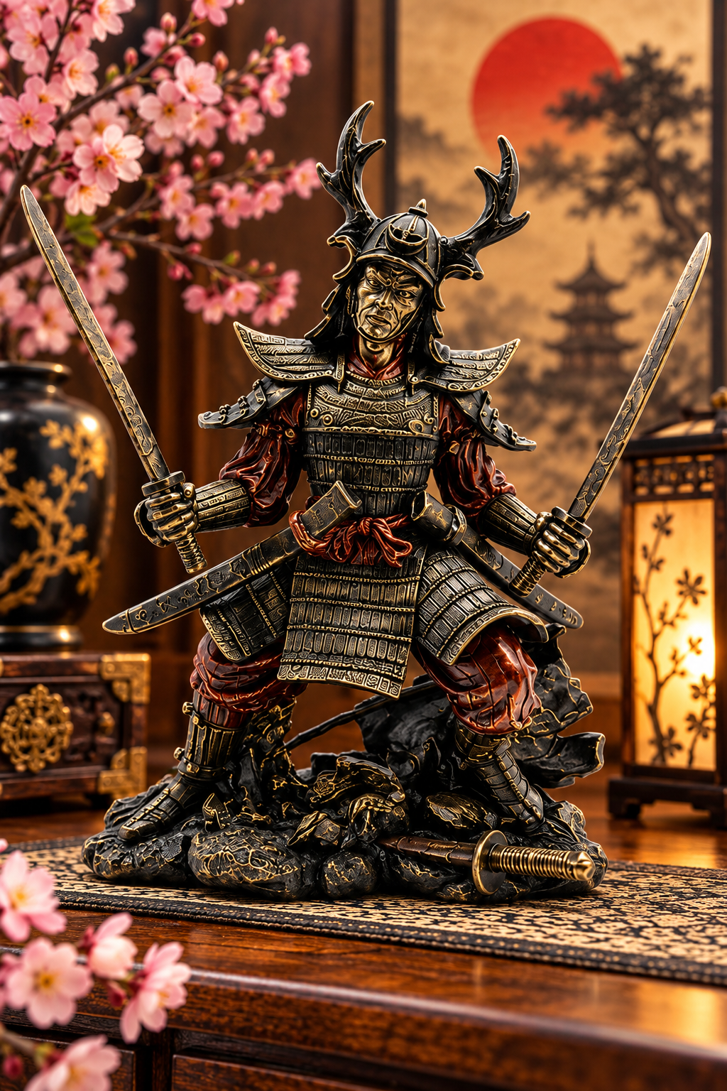 Japanese Samurai Figurine Antique Bronze Effect Warrior Statue Home Decor 18.5cm