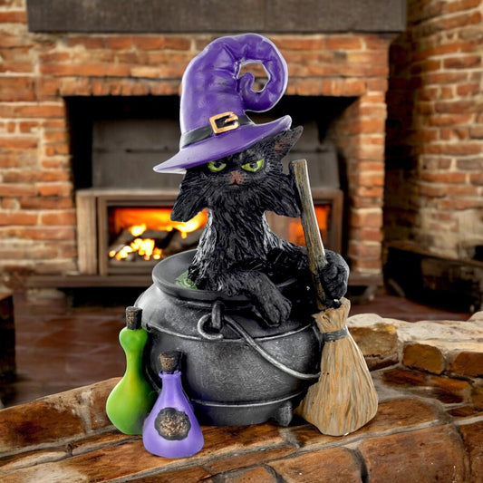 Resin Witch Cat Cauldron Figurine with Potions | 16 cm Halloween Decor