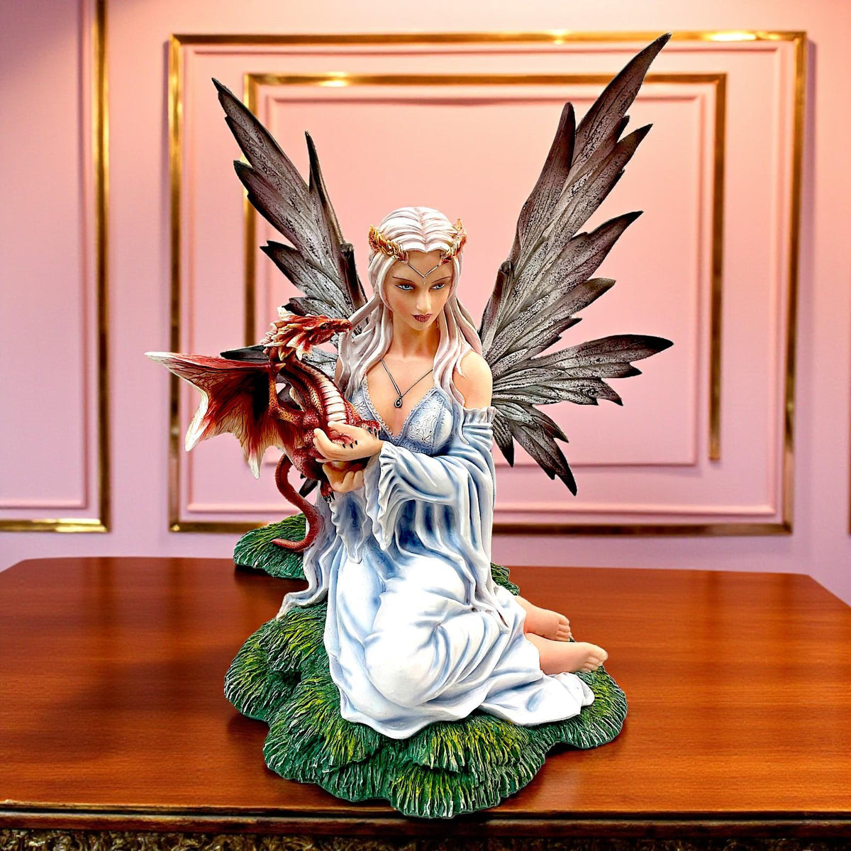 Fantasy Fairy Holding Dragon Figurine Gothic Ornament Mythical Creature Decor