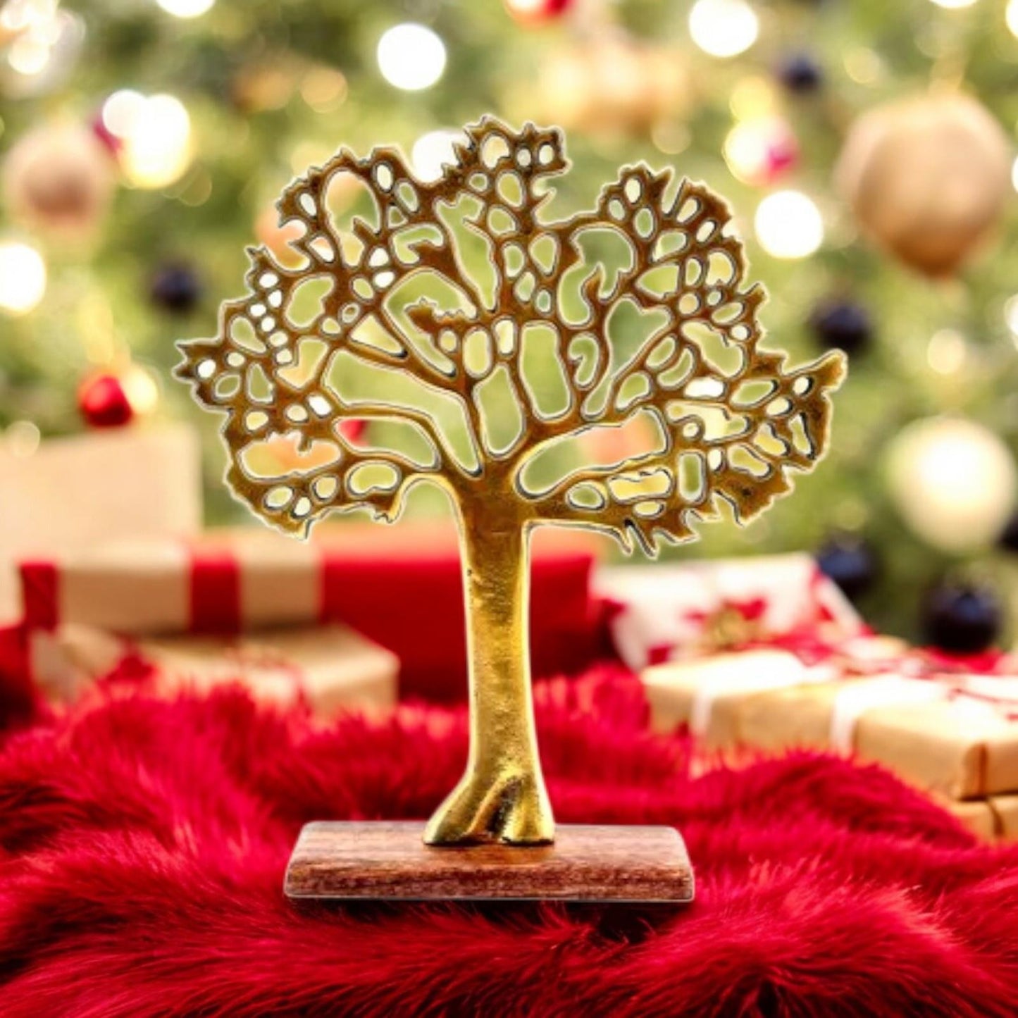 Gold Metal Tree Ornament - Decorative Tree of Life with Wooden Stand, Modern Decor