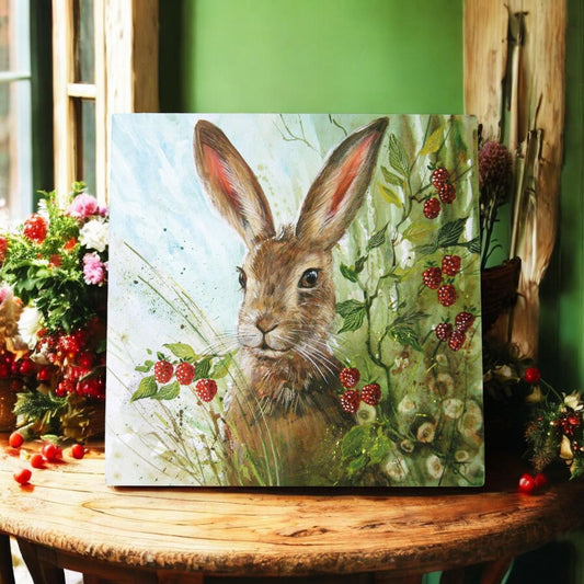 BLACKBERRY HARE Ceramic Art Tile by Judith Yates 20x20 cm | Wall-Ready Decor | Exquisite Gift in Box"