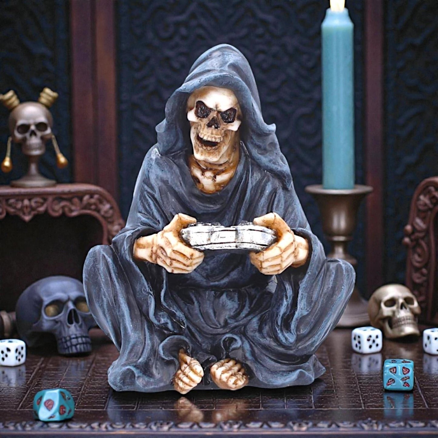 Gaming Reaper Figurine  Grim Skull Gamer Ornament Gothic Console Decor