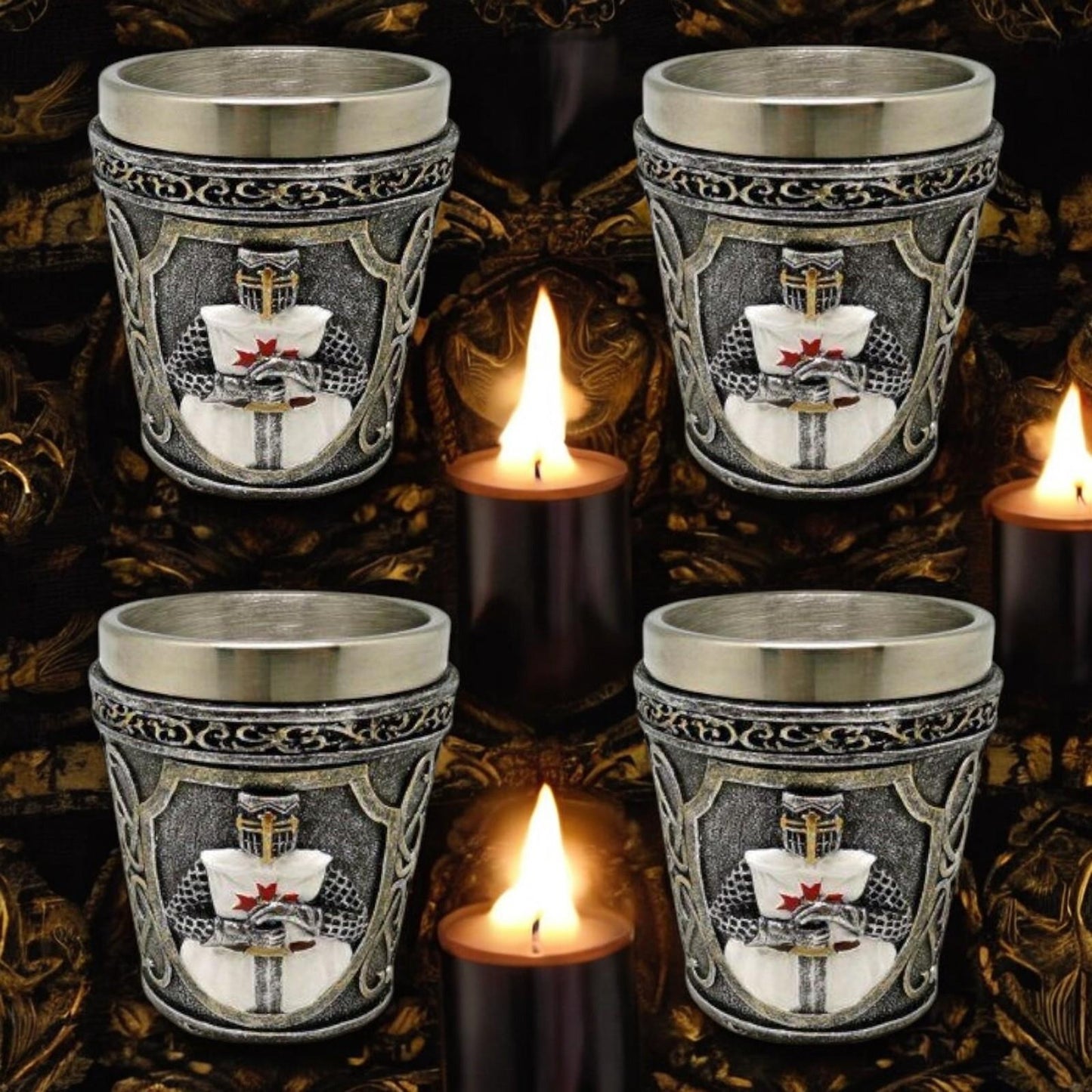 Set of 4 Knight Templar Shot Glasses - Medieval Gothic Decor Drinkware Resin Steel