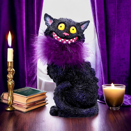 Furgus Black Cat Figurine with Purple Feather Boa – 19.5cm Gothic Decorative Ornament