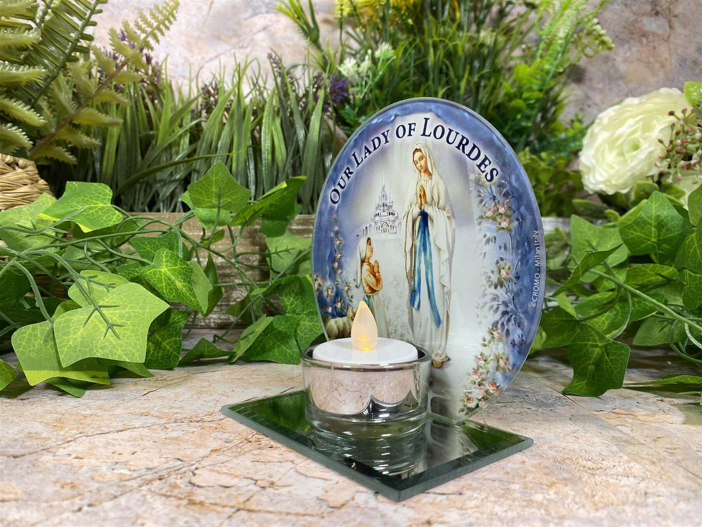 Beautiful Glass Votive Light Holder with Our Lady of Lourdes Catholic Gift