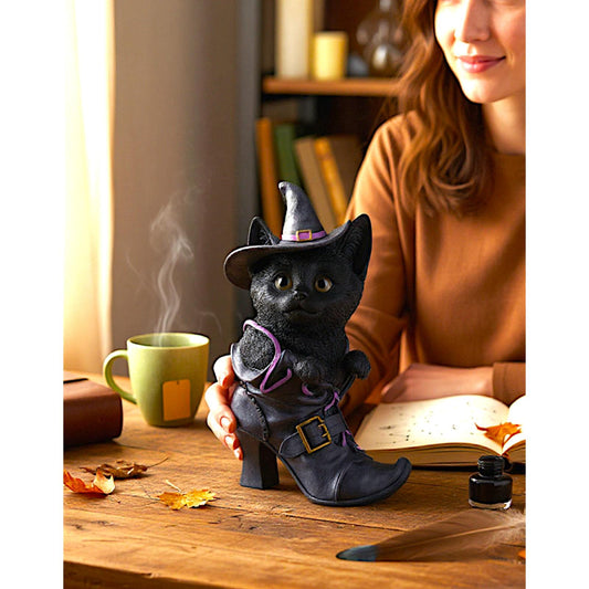 Mischievous Familiar Black Cat Figurine Witch Shoe Ornament Gothic Wiccan Decor