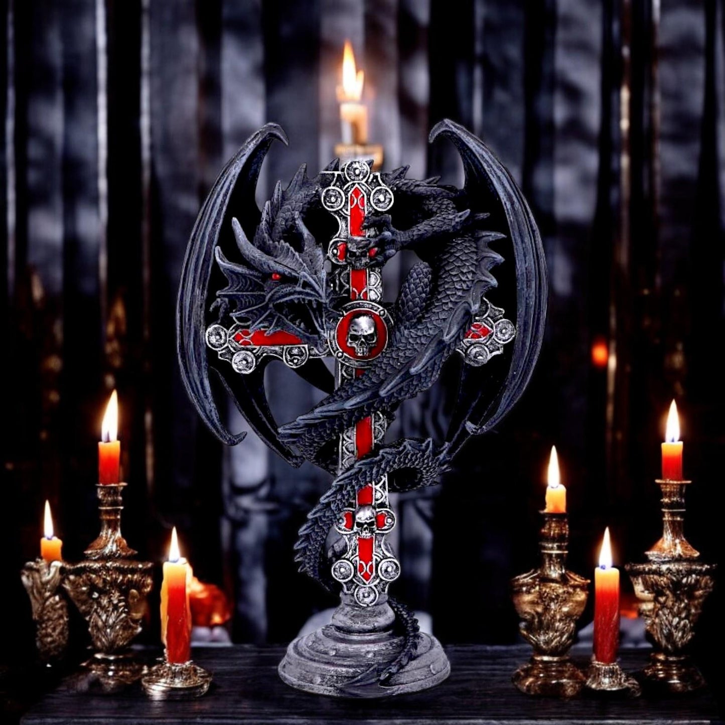 Anne Stokes Gothic Guardian Dragon Cross Candle Holder 26.5cm - Gothic Decor