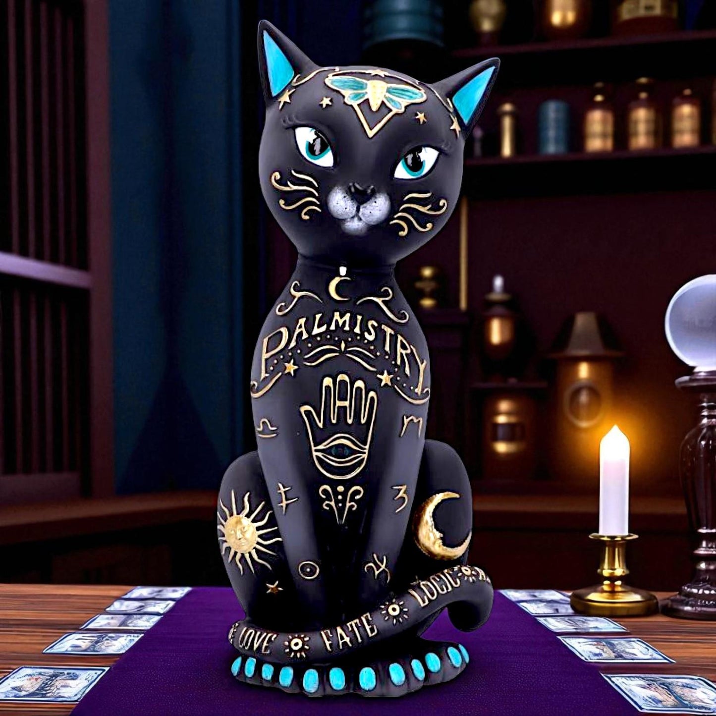 Gothic Palmistry Cat Statue Wiccan Mystical Figurine Astrology Witch Home Decor