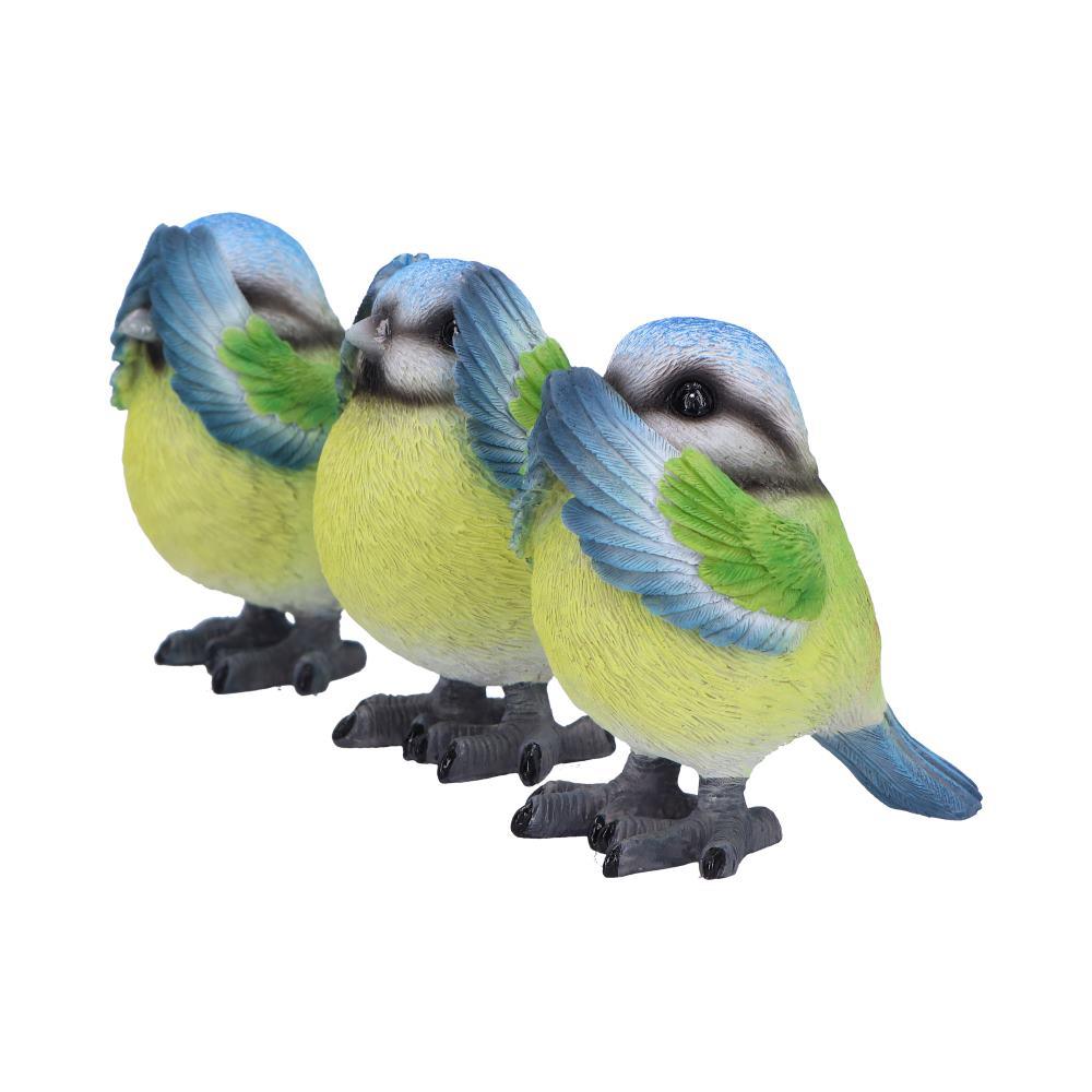Three Wise Blue Tit Bird Figurines See No, Hear No, Speak No Evil Set Ornaments