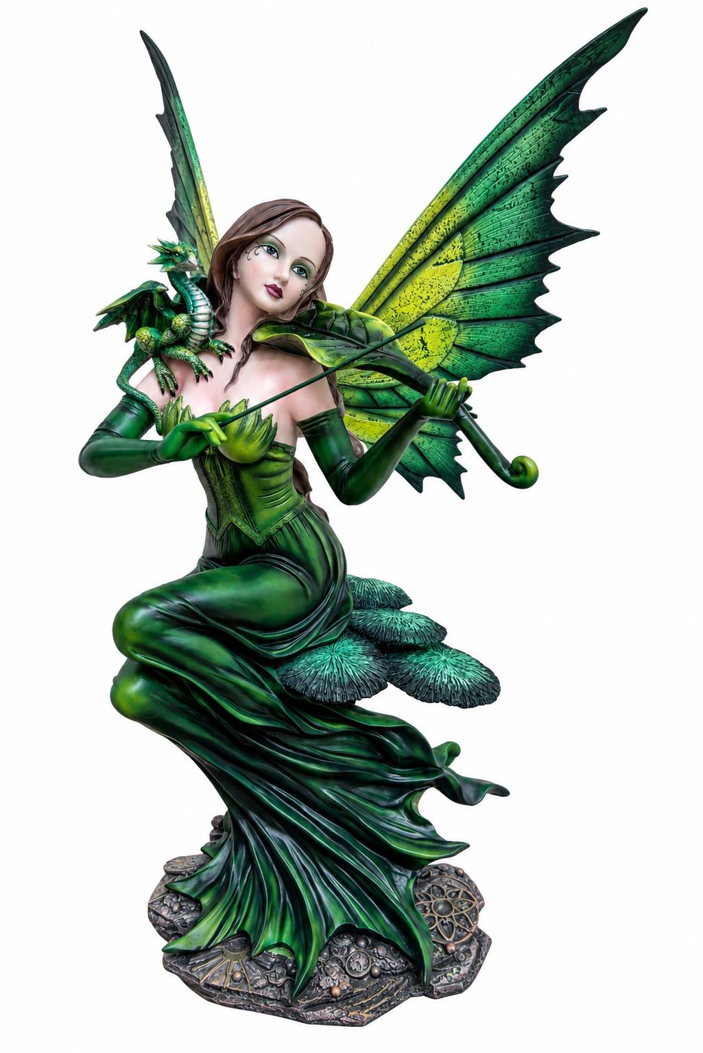 Emerald Green Fairy Dragon Figurine 55cm Woodland Fantasy Violin Statue Decor