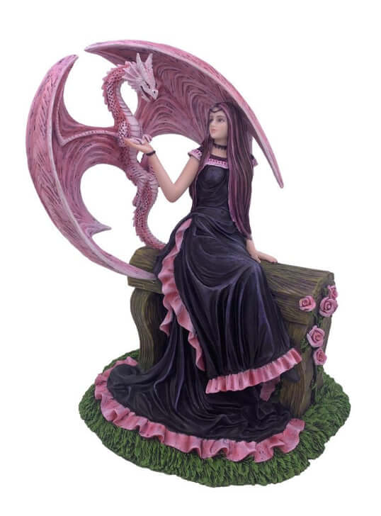 Anne Stokes Collection | Enigmatic Rose Dragon Companion Figurine | Mystical Fantasy Art Sculpture | Enchantress with Crimson Winged Dragon