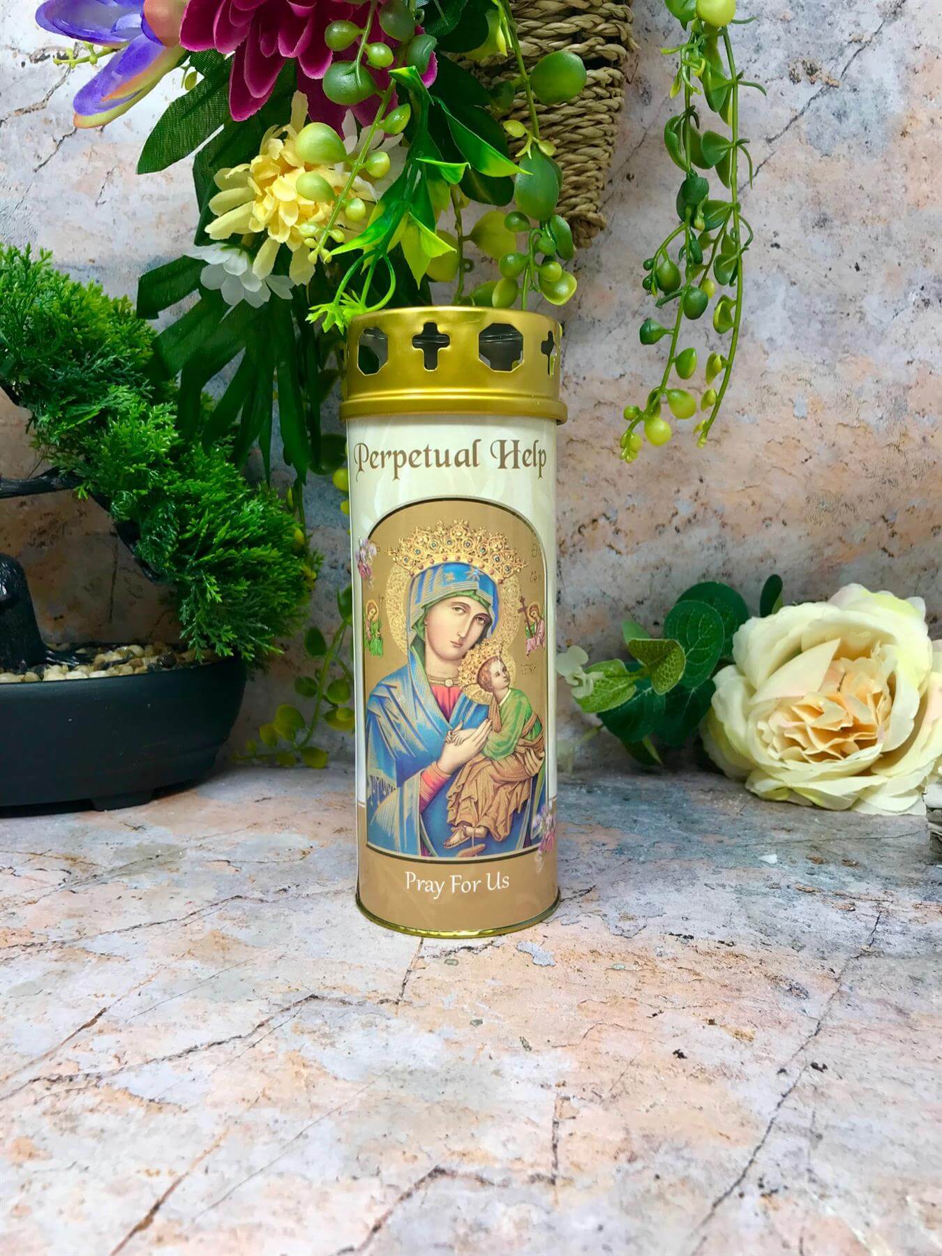 Our Lady of Perpetual Help Grave Candle Windproof Cap Prayer on Reverse Religious Graveside